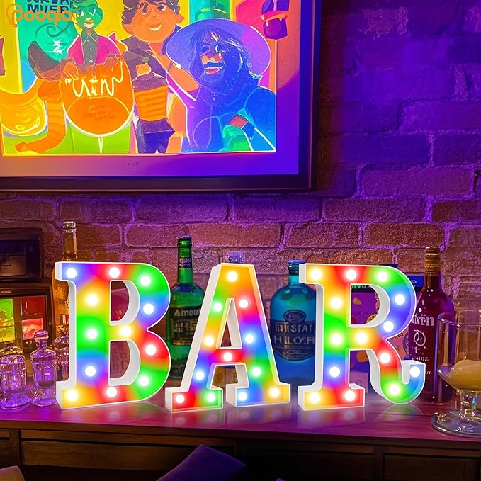 BAR - Illuminated Marquee Bar Sign for home decor - Light up LED Marquee Word Sign - Pre-Lit Pub Light Battery Operated, Valentines Day Gifts for Him (Colorful)