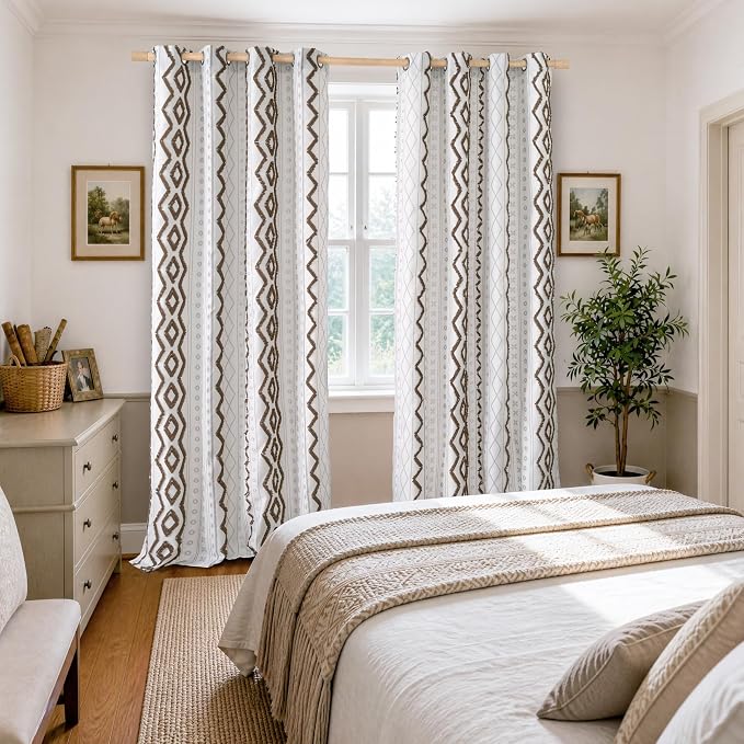 BGment Brown Linen Curtains with Jacquard Geometric, Boho Tufted Pom Stripe Pattern Drapes for Bedroom Living Room Light Filtering, 2 Panels Set, 52 X 96 Inch