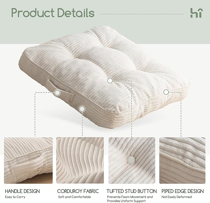 HIGOGOGO Floor Pillow Cushion for Adults, Meditation Cushion Pillow, Large Square Floor Sitting, Tufted Corduroy Cover, for Tatami Living Room or Yoga, 22x22 Inch, 2Pack, Beige