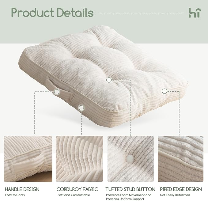 HIGOGOGO Floor Pillow Cushion for Adults, Meditation Cushion Pillow, Large Square Floor Sitting, Tufted Corduroy Cover, for Tatami Living Room or Yoga, 22x22 Inch, Beige