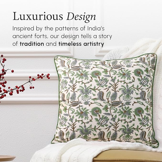 CPC 100% Cotton Throw Pillow Covers 20x20 Inch, Set of 2 Green Block Print Pattern Couch Pillow, Cute Boho Decorative Pillows for Living Room, Bedroom with Hidden Zipper- Mint Leaf