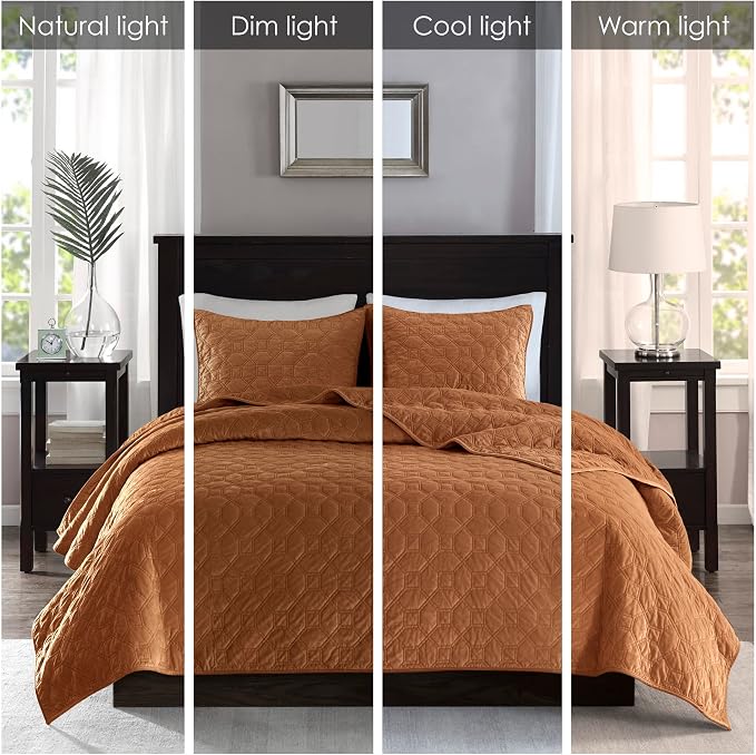 Madison Park Harper Quilt Set Velvet Casual Geometric Stitching Design All Season, Lightweight Coverlet, Cozy Bedding, Matching Shams, King/Cal King(104"x94"), Rust 3 Piece