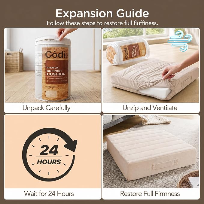 Codi Thick Replacement Couch Cushions, Upholstery Foam with Washable Covers for Sofa Cushion Chair Meditation - 24 × 24 × 5 Inch, High Density Foam, Ivory