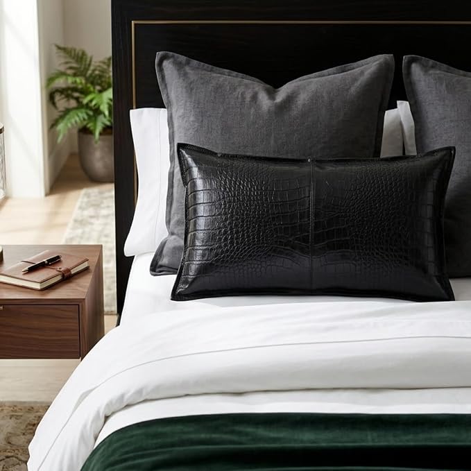 Genuine Leather Pillow Cover Case for Lumbar Throw Couch Pillows - Modern Farmhouse Decorative Sofa Thick & Soft Cushion Covers (Croc Black, 12" x 20")