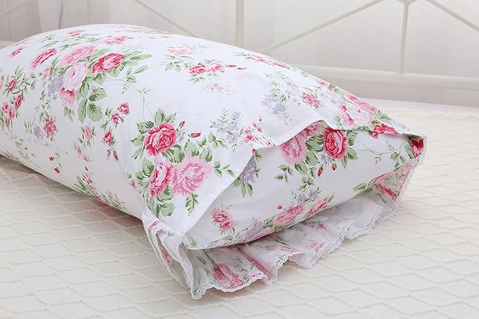 2-Pack Rose Floral Print Pillow Shams with Lace Ruffles Shabby Chic King Size Pillowcases 20" x 36 "Country Vintage Style
