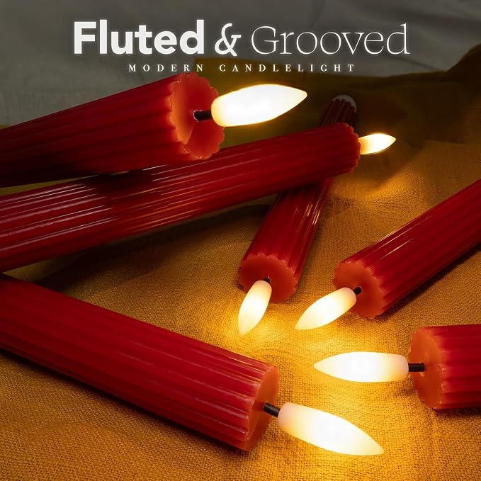 12 Pack, 10" LED Flameless Real Wax Red Fluted Ribbed Grooved Taper Candles, Remote & 24h Timer Memory, On/Off Button, Dimmable, Flicker Mode, Battery Operated, Wedding
