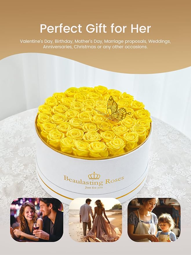 47 Preserved Roses Forever Flowers Real Roses in a Box Mother's Day Birthday Flowers for Her Mom Women Wife Valentine's Day, Yellow Roses
