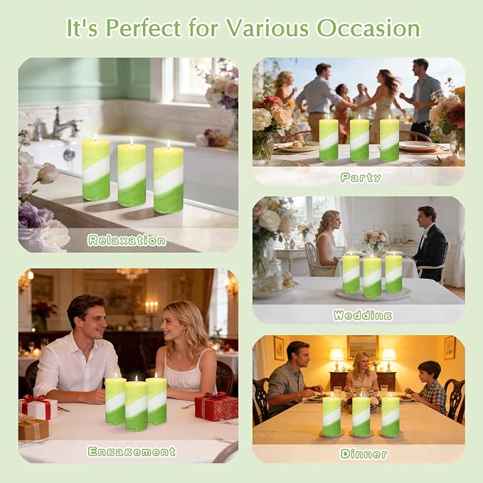 Eucalyptus Mint Scented Pillar Candles, 3x6 Inch Green and White Striped 100% Cotton Core Paraffin Wax Candles for Home Room Shelf Decor Idea, Set of 3