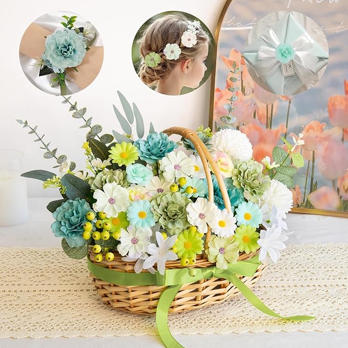 ATTGREAT 310 Pcs Fake Flower Heads Mini Artificial Flower Bulk Silk Flowers for Decoration Small Faux Flower Heads Fabric Daisy Buds Floral for Crafts DIY Wedding Party Baby Shower Home Decor, Green
