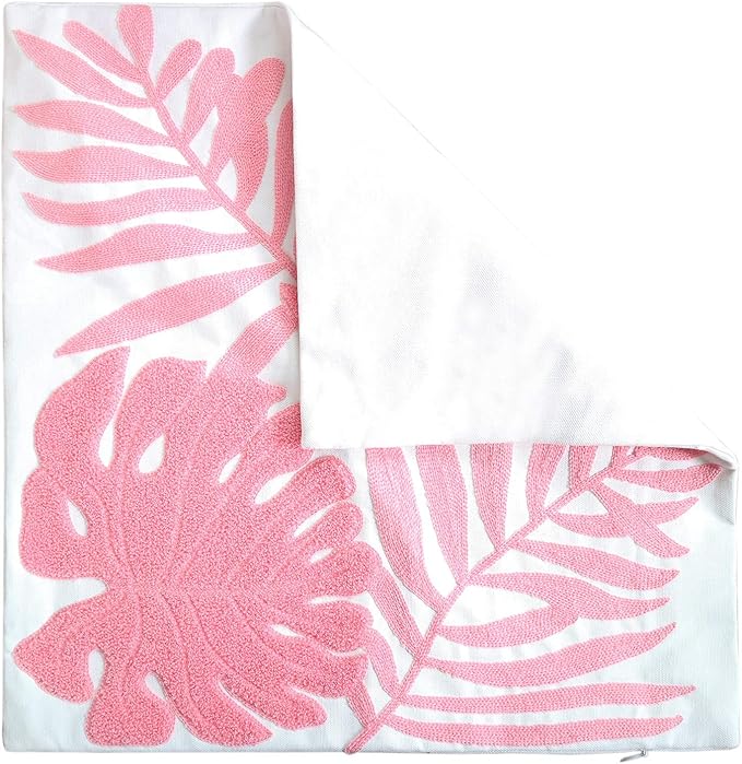 Embroidery Throw Pillow Cover 18x18 Home Decor Floor Pillow Cover for Couch Sofa Chair 100% Cotton Loop Embroidered Pink Tropical Leaves Cushion Cover Square Pillowcase 45x45cm, 1 Piece