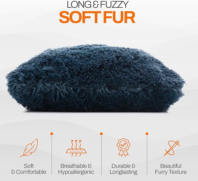 Cheer Collection Throw Pillows for Couch and Bed, Soft Shaggy Throw Pillows with Inserts Included, Cozy Long Hair Faux Fur Pillows - Set of 2-20" x 20" - Navy Blue