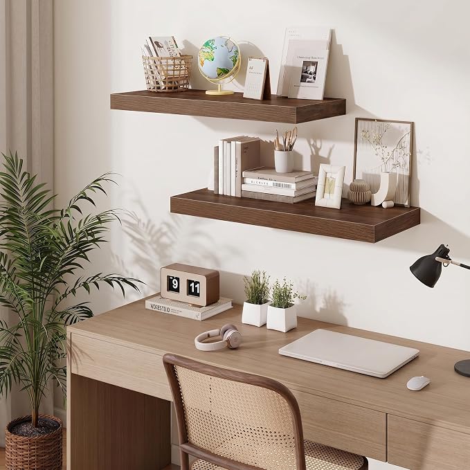Fun Memories 32 x 12 Floating Shelves Wall-Mounted - Rustic Wood Shelf - 12 Inch Deep Floating Shelves for Wall - Large Storage Shelf for Bathroom - Kitchen & Bedroom - Walnut - Set of 2