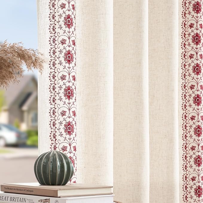 jinchan Boho Curtains for Bedroom Red Vintage Floral Farmhouse Curtains 84 Inches Long Linen Blend Drapes for Living Room Embroidered Light Filtering Drapes Rod Pocket Red on Beige 2 Panels