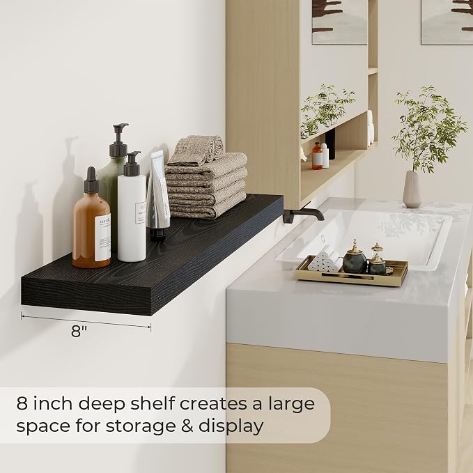 Dreamland 36Inch Black Floating Shelves 8" Deep Wall Mounted Set of 2 | Wall shelves for bathroom, bedroom, kitchen, deep wall mount wood storage display for home decor 36" x 8"