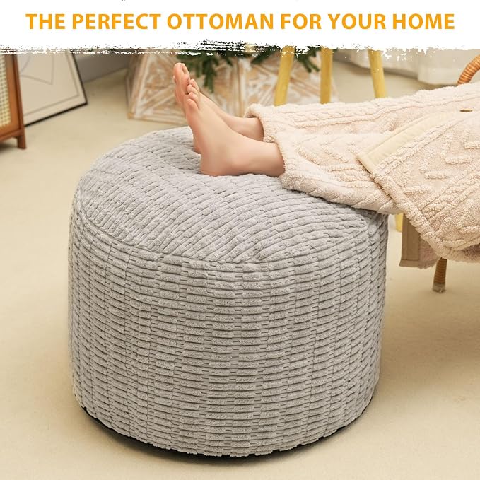 Round Stuffed Pouf Ottoman for Foot Rest, Storage Ottoman Pouf Foot Stool Cushion, Faux Fur Poufs with Foam Chunk Filling, 20 X 15 Inch Floor Chair for Living Room Bedroom Home Decor, Light Gray