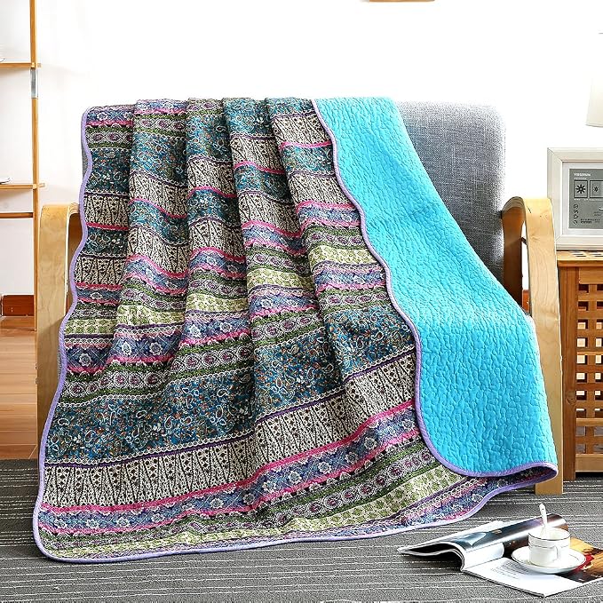 NEWLAKE Quilt Throw Blanket with Reversible Floral Patchwork, Blue Jacquard, 60X78 Inch