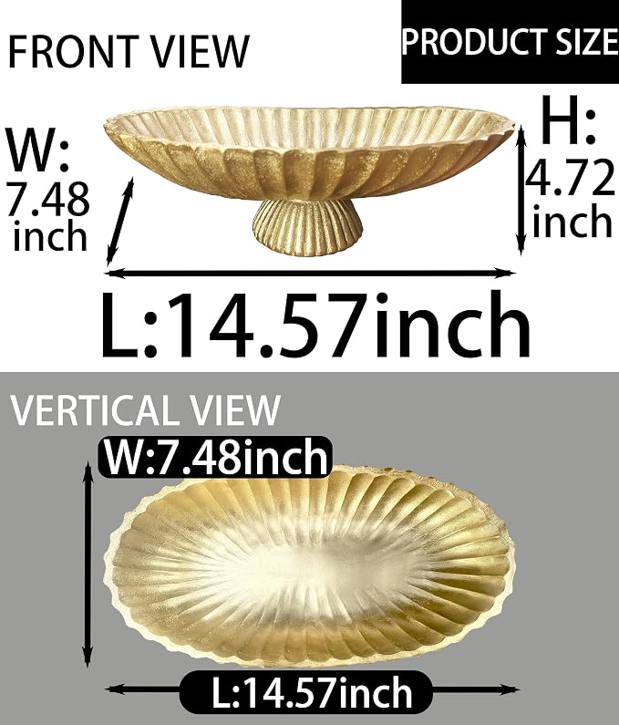 14.5" Large Decorative Long Bowl decor - Fluted Scalloped Decorative Bowls for Home Decor - Ruffle Decor,Stylish Key Bowl for Entry Table,Decorative Fruit Bowls for Kitchen Counter,Golden