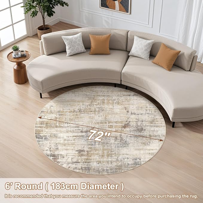 UERMEI 6ft Round Area Rug for Living Room: 6x6 Washable Neutral Abstract Modern Soft Circle Rugs Non Slip Indoor Floor Stain Resistant Carpet for Bedroom Dining Room Office Nursery Golden Brown