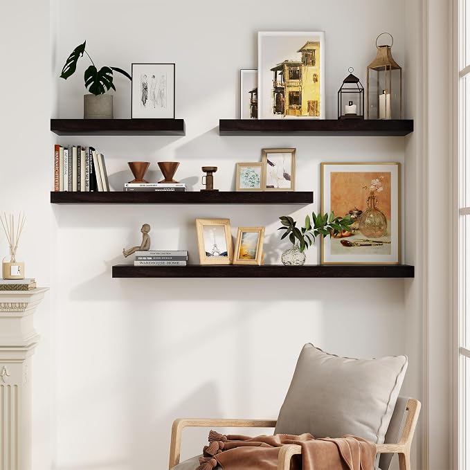 Solid Wood Floating Shelves For Wall, 48”W x 9”D x 1.56”H Large Wall Shelves for Living Room Bedroom Bathroom Kitchen Drcor Storage with Invisible Heavy-Duty Metal Bracket, Carbonized Oak, 2 Pack