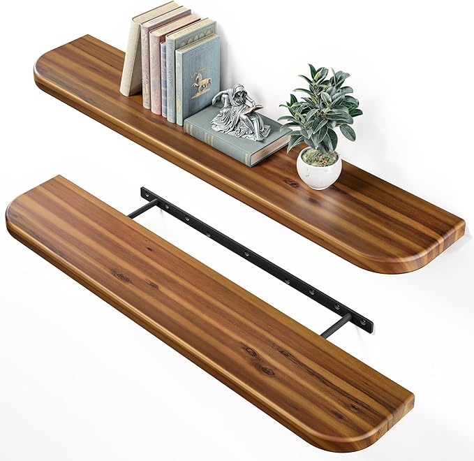 BATODA Set of 2 36” Acacia Floating Shelves for Wall (Round Edge) - Floating Bookshelf Wall - Storage Wood Shelves for House Decor, Kitchen, Bathroom - Brackets and Hardware Included (Walnut Color)
