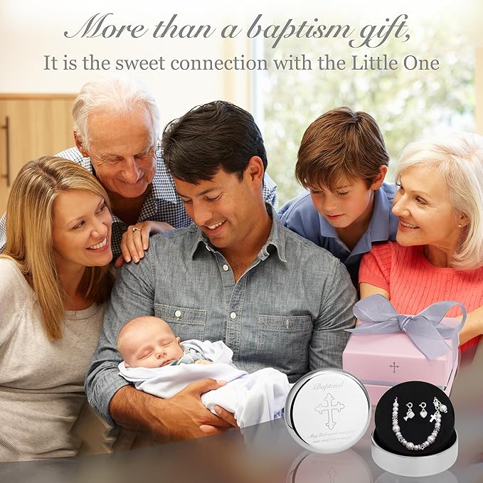 Tryuunion Baptism Bracelet in Sterling Silver and Cultured Pearls for Baby Girls, Comes with a Unique Silver-plated Jewelry Keepsake Box, Christening and Baptism Gifts For Girl, Includes 3 Charms
