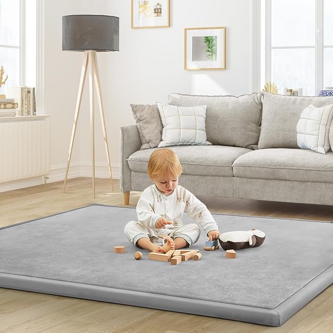 Baby Play Mat for Floor Nursery Rug Muscle Mat Area Rug Playroom Rug 47"x47" Playpen Mat Elastic Foam 1.3" Thick Crawling Mat for Babies,Toddlers, Infants, Kids,A Light Gray