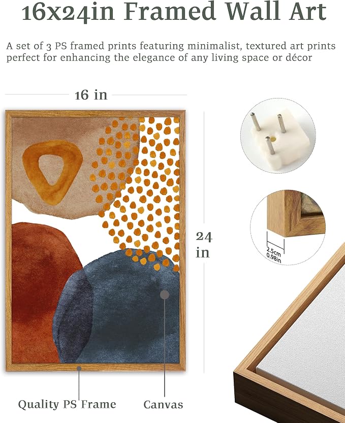 UPWOIGH Boho Abstract Framed Wall Art, 16 x 24 Inch, Set of 3 | Terracotta, Navy and Beige Geometric Prints, Modern Watercolor Boho Design, Light Wood Frames for Bedroom and Living Room