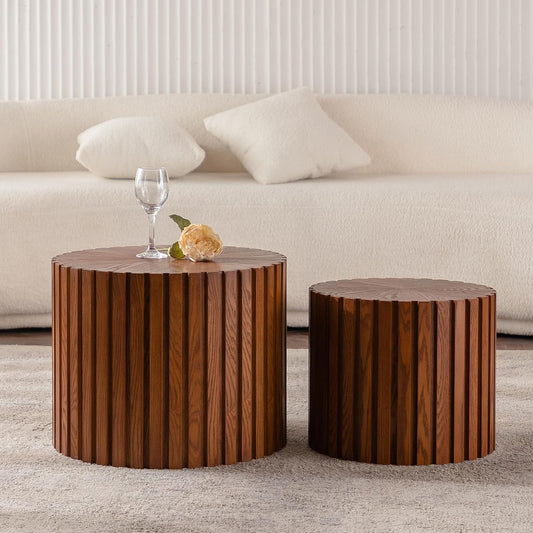 Nesting Round Coffee Table Set of 2, 18.9" Small Circle Accent End Table for Small Spaces, Morden Drum Side Table, Wooden Center Table for Living Room, Fully Assembled - Dark Walnut
