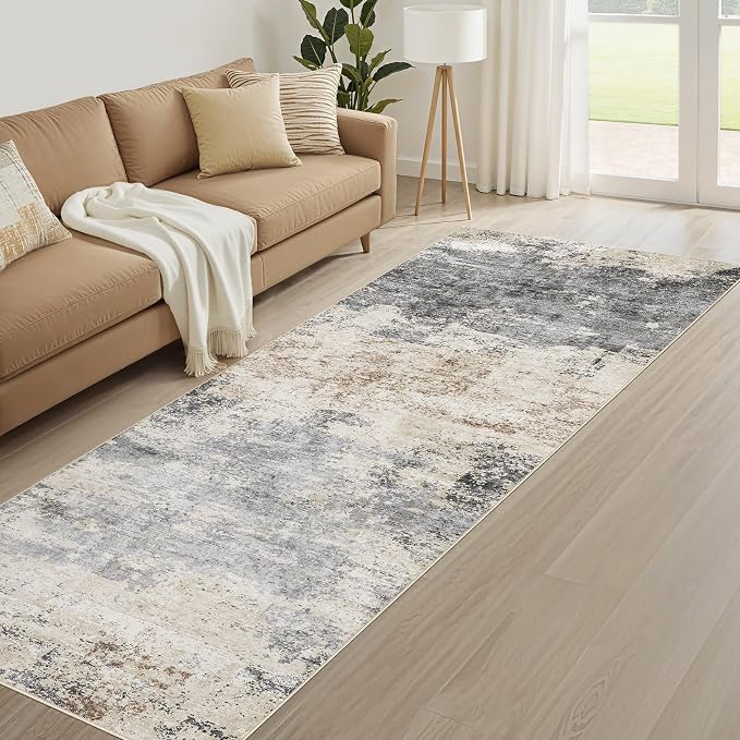 Runner Rug Kitchen Washable Rugs: 2x6 Non-Slip Abstract Soft Modern Stain Resistant Indoor Floor Neutral Accent Throw Carpet for Hallway Bathroom Laundry Room Entryway Bedroom- Grey Brown
