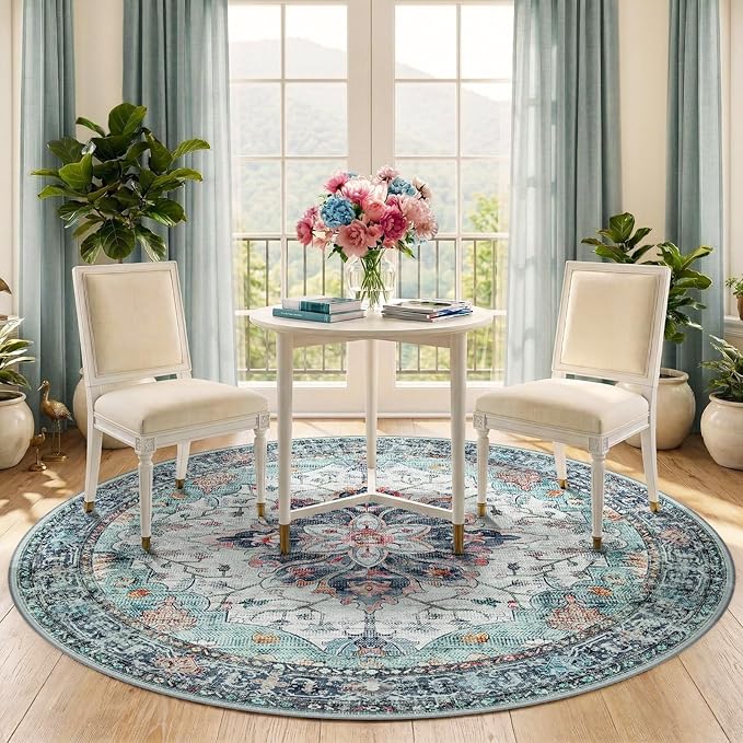 RELEANY Area Rugs 5ft Washable Non-Slip, Floral Vintage Distress Print Pattern Medallion Carpet for Living Room Bedroom Dining Room, Green Navy Blue White Red Teal Colorful