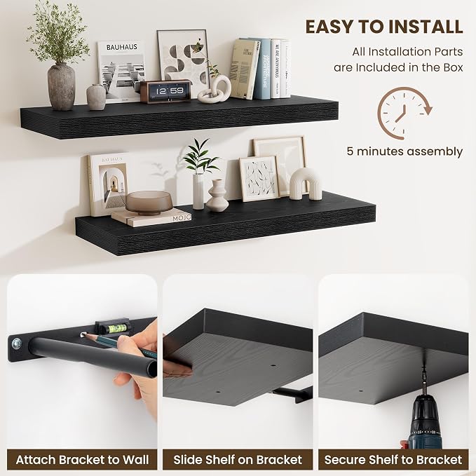 Fun Memories Wood Floating Shelves 16 Inch, 12 Inch Deep Shelves Wall Mount, Wall Shelves with Invisible Bracket, 16" Floating Shelves for Living Room Bathroom Bedroom, Black, Set of 2