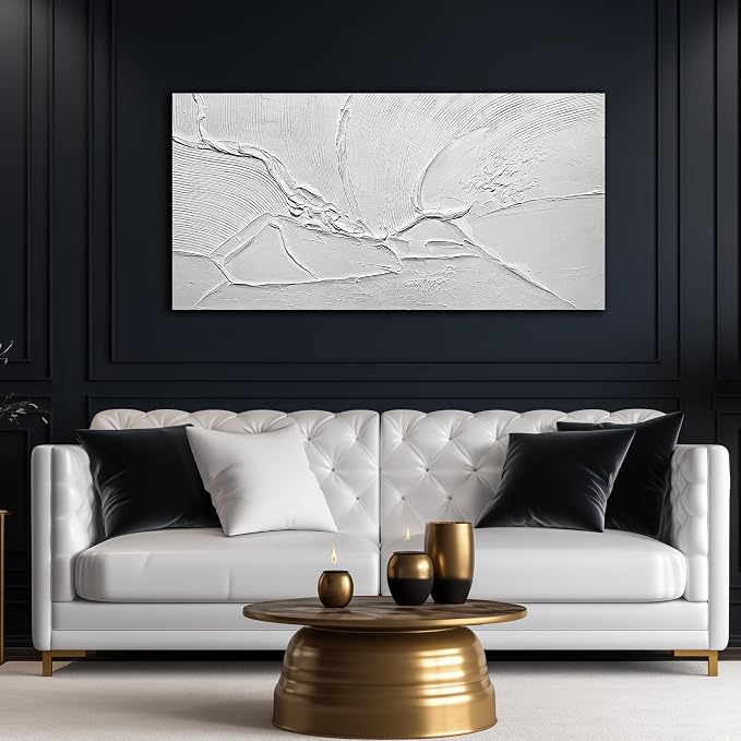 Modern Hand Painted Wall Art for Dining Room White Pictures for Bedroom Abstract Living Room Wall Decor Size 24 x 47 Inch