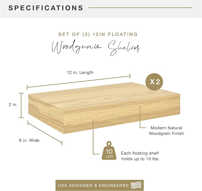 MCS Natural Woodgrain Floating Shelves, 12 Inch x 8 Inch, Set of 2, 12 x 8