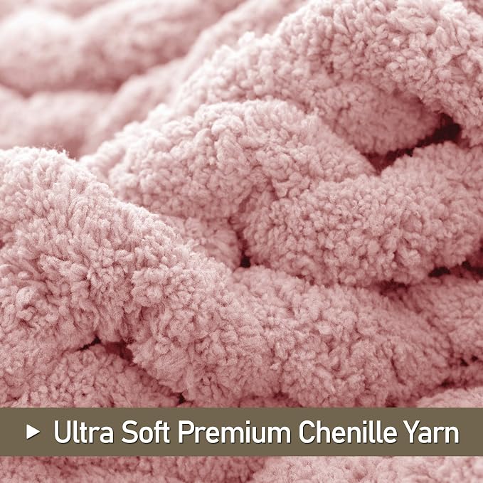Chunky Knit Throw Blanket 60x80, 100% Handmade Chenille Yarn | 6.7lbs Soft Thick Cable Knitted Blankets, Large Rope Knot Crochet Throws for Couch Sofa Bed Machine Washable, Dusty Pink