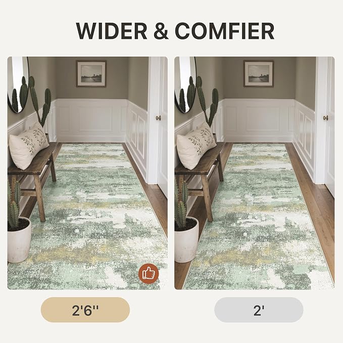BEIMO Runner Rug for Hallway Kitchen, 2'6"x6' Machine Washable Runners Rug for Entryway, Soft Modern Abstract Throw Rugs, Low Pile Floor Cover with Non Slip Backing, Light Green