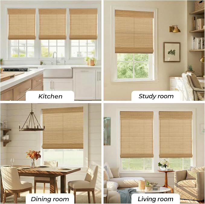 UNISHADES No Drill Cordless Bamboo Roman Shades, 46.5×64 in, Carbonized | Natural material, Light Filtering, Easy Install