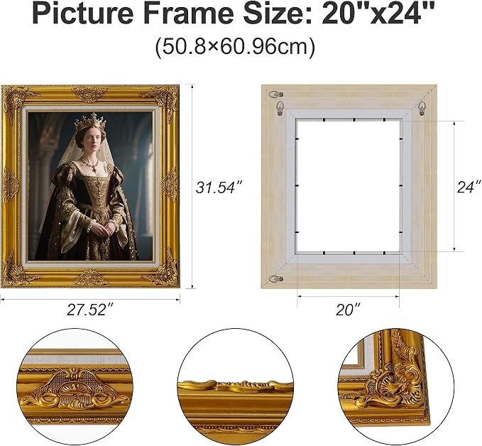 Classic 20x24 inch Picture Frames: Ornate Gold 24x20 Poster Frames for Canvas Photo Painting, Artwork, Wooden Antique Gallery Wall 20 x 24 Frames without Acrylic Glass and Backing