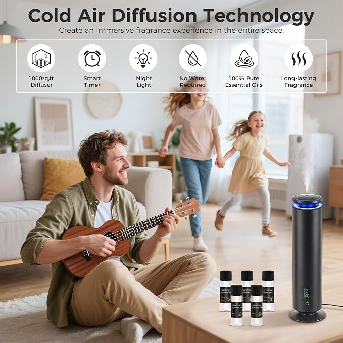 Hotel Scent Diffuser Starter Kit - 1000 Square Feet, 7 Ambient Light Settings, Includes 5 Essential Oils for Hotel Aromatherapy, Hotel Scent Diffuser,for Hotels, Homes, and Large Rooms,Black