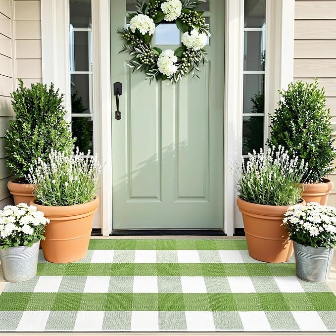 OLANLY Buffalo Plaid Rug 2'4" x 3'7" (27.5" x 43") – Green and White Cotton Checkered Doormat, Washable Indoor Outdoor Rug for Layered Front Porch, Kitchen, Entryway Decor
