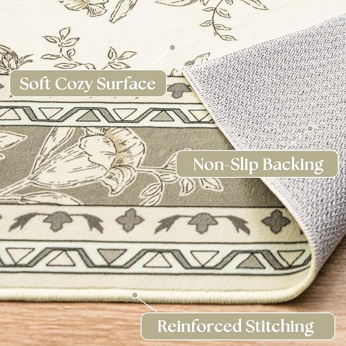 Greyish Beige Runner Rugs 2x6 for Hallway Kitchen Bedroom Beside Laundry Room Bathroom Rug Boho Modern Washable Non Slip Low Pile Stain ResisTaupet Soft Long Carpet Mat Khaki Taupe Floral Pattern