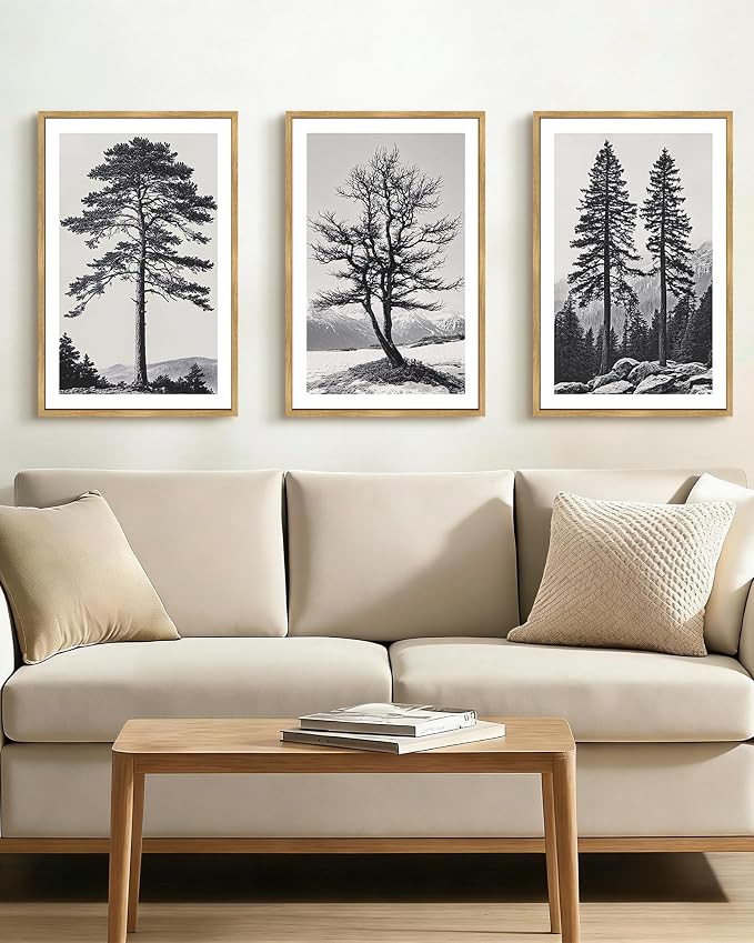 PHOPAGO Vintage Antique Tree Framed Wall Art Large 16x24in Black and White Retro Forest Wall Decor Nature Wilderness Sketch Paints Modern Decor - Natural Framed