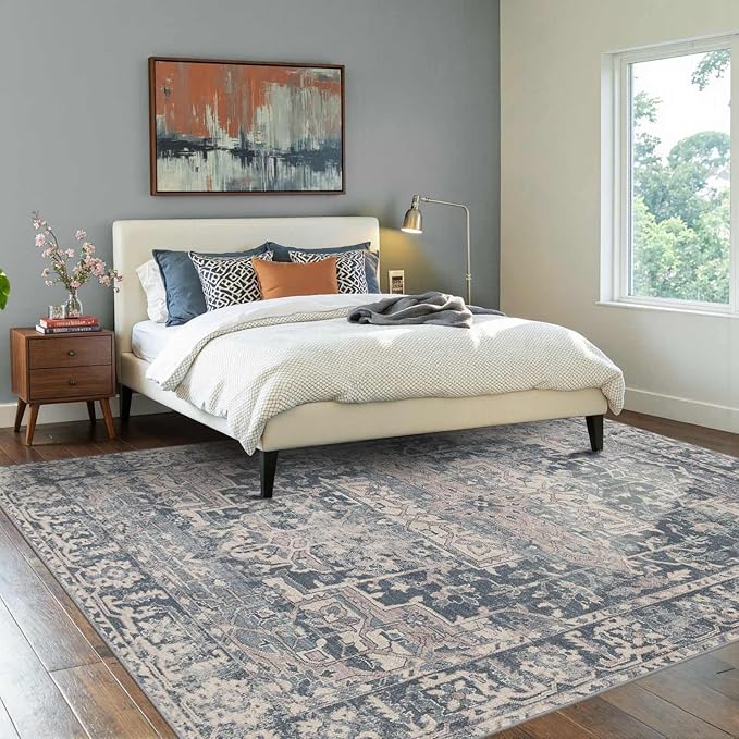 Rugxara 6x9 Area Rugs for Living Room Bedroom, Large Washable Rug, Blue Vintage Floral Boho Style, Non Slip & Low Pile Carpet for Indoor Dining Room, Dorm and Kids Room(Blue 6x9ft)