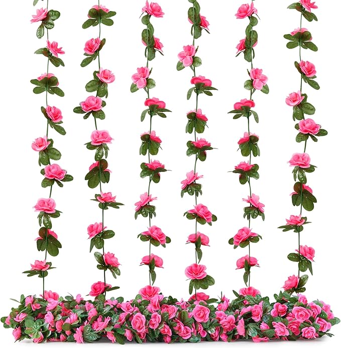 PONKING 6 Pcs x 8.2 ft Flower Garland Artificial Rose Vine Flowers with Green Leaves Hanging Fake Roses Vine for Room Party Home Wedding Birthday Christmas Wall Arch Decor, Spring Magenta Flower