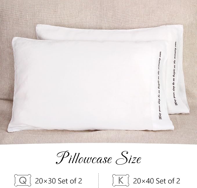 Linen Pillow Cases with Embroidery Design,20"x40" King Size Set of 2,100% French Flax Soft Handmade Linen Pillowcases,White Embroidery