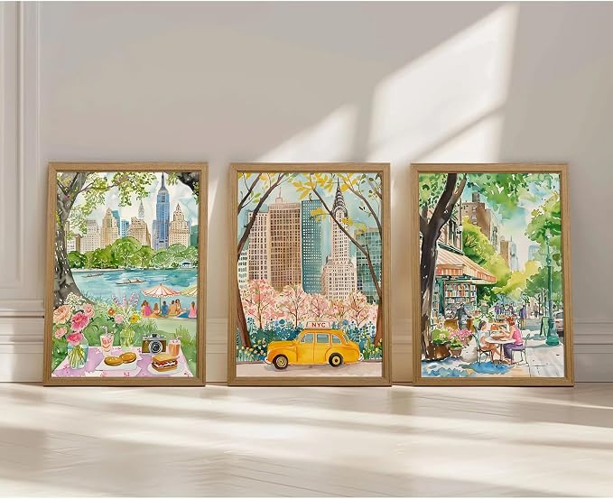 Watercolor New York City Wall Art Nyc Canvas Poster Travel Wall Decor Nyc Painting Central Park Picture New York Landmarks Artwork for Bedroom Living Room 12x16x3 Inch Wood Framed
