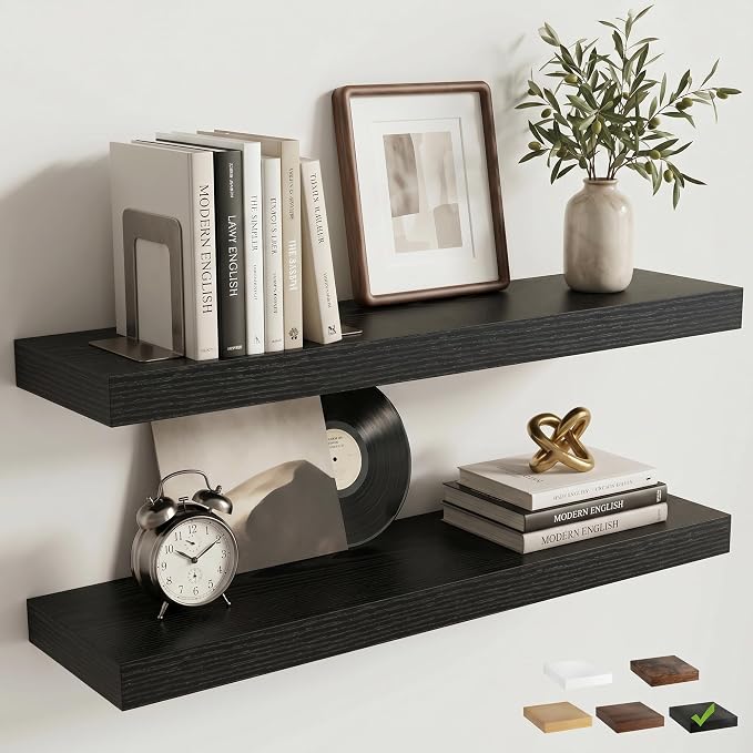 Venusmiles Floating Shelves for Wall, 24 Inch Floating Shelves Set of 2, 6.5" D Wooden Wall Mounted Display Shelves with Invisible Brackets for Living Room, Bedroom, Bathroom, Kitchen Decor, Black