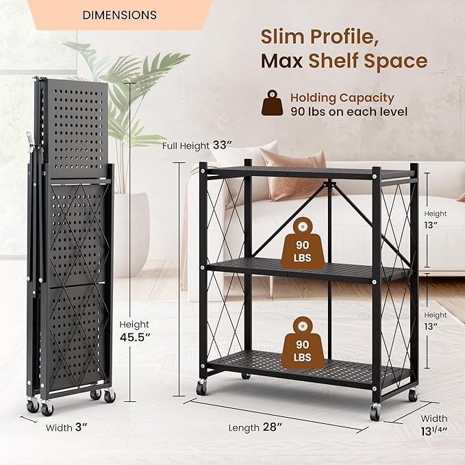 Our Modern Space 3-Tier Foldable Storage Shelf with Wheels | Metal Rack Collapsible Shelving Display | Rolling Cart for Books Kitchen Storage Shelves | Pantry & Closet Organizer | Office Room Decor