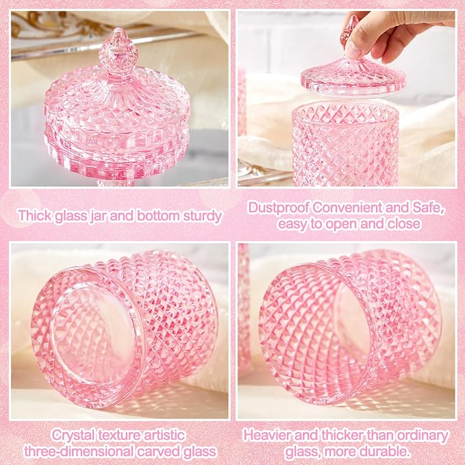Aoriher 4 Pcs Crystal Glass Candy Jar Set with Lids Home Decorative Storage Jars for Apothecary, Bathroom, Kitchen, and Pantry, Ideal for Cotton Swabs and Jewelry (Large,Pink)