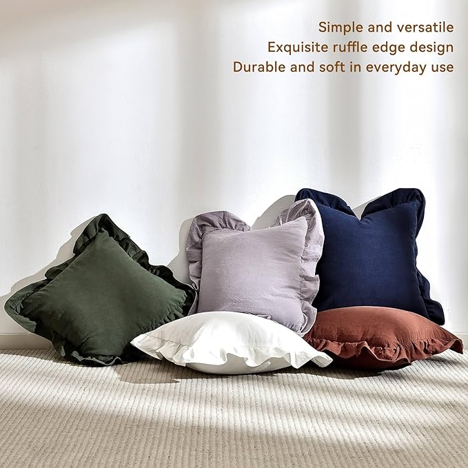 AmHoo Pack of 2 Throw Pillow Covers 100% Cotton Pre Washed Ruffle Decorative Pillowcase Cushion for Couch Sofa Bedroom 20 x 20-Inch Brown