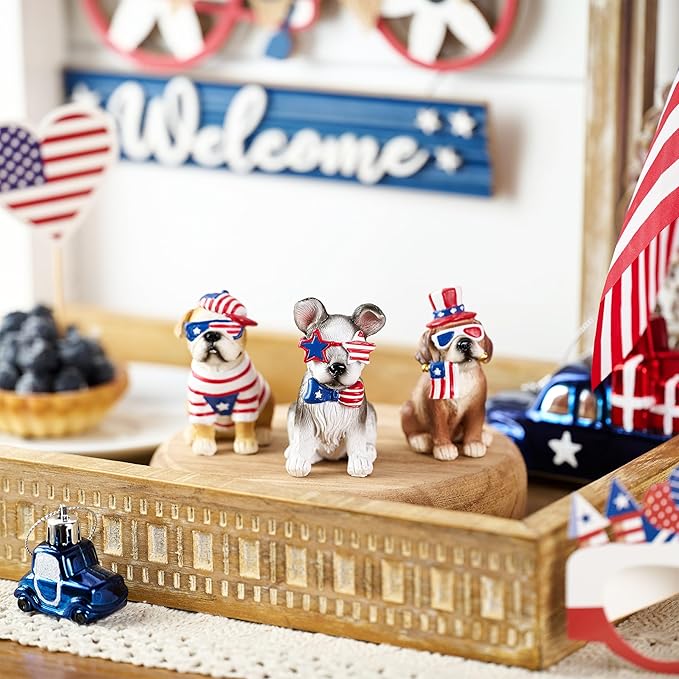 Valery Madelyn 4th of July Puppy Decorations, Memorial Day Decor for Home, Medium 3Pcs Patriotic USA 250th Anniversary Decorations, Stars and Stripes Dogs Figurine for Independence Day Labor Day